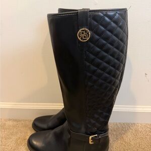 Liz Claiborne Quilted Black Knee-High Riding Boots with Gold Accents